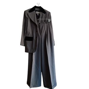 Vintage Votre Nom Paris Gray Velvet Trim Pant Suit Wide Leg Blazer Set Size 12